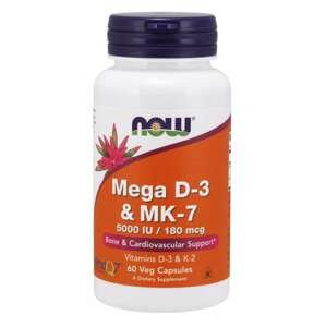 Now® Foods NOW Mega D3 & MK-7, Vitamín d3 5000 IU & Vitamín K2 180 ug, 60 rostlinných kapslí