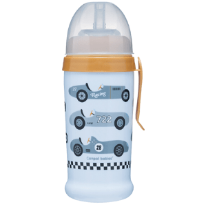 Canpol babies Sportovní láhev se silikonovou nevylévací slámkou Auta světle modrá 350 ml