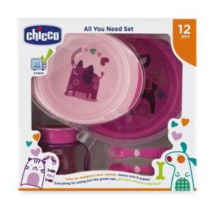 Chicco Jídelní set - talíře, příbory, sklenka, 12m+ - růžový