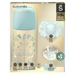 Suavinex Gold Set láhev 270 ml + dudlík 0/6 m + klip - modrá
