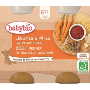 BABYBIO Denní menu Zelenina s těstovinami na boloňský způsob s farmářským hovězím masem 2x200 g
