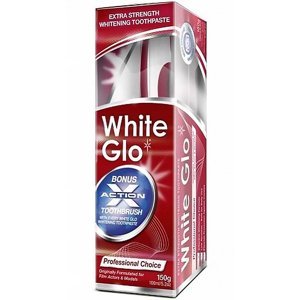 WHITE GLO Profesionální bělicí zubní pasta 150 g plus kartáček na zuby a mezizubní kartáčky