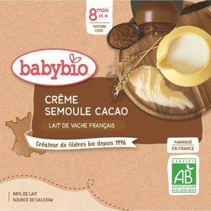 BABYBIO Mléčný dezert Kakaový krém s krupičkou od 8.měsíce 4x 85 g, poškozený obal